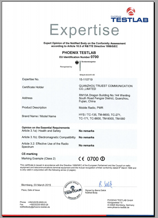 HYS TC-135 CE Certificate
