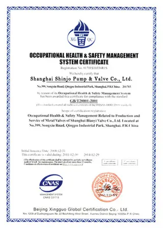 Shinjo Valve GB/T 28001-2001 Certificate