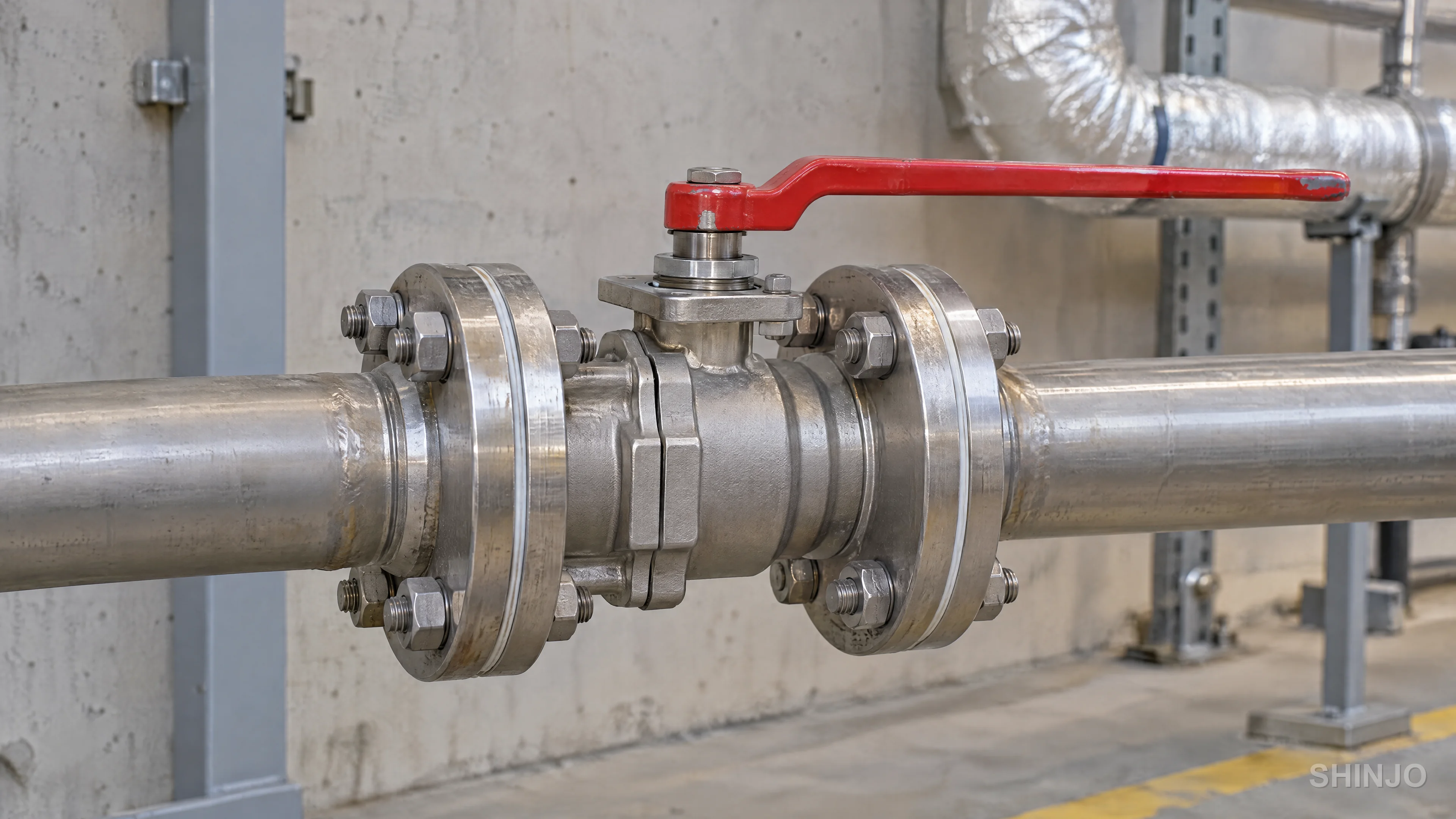 Two-piece floating ball valve with a red lever handle running parallel to the pipe, showing the quarter-turn open position