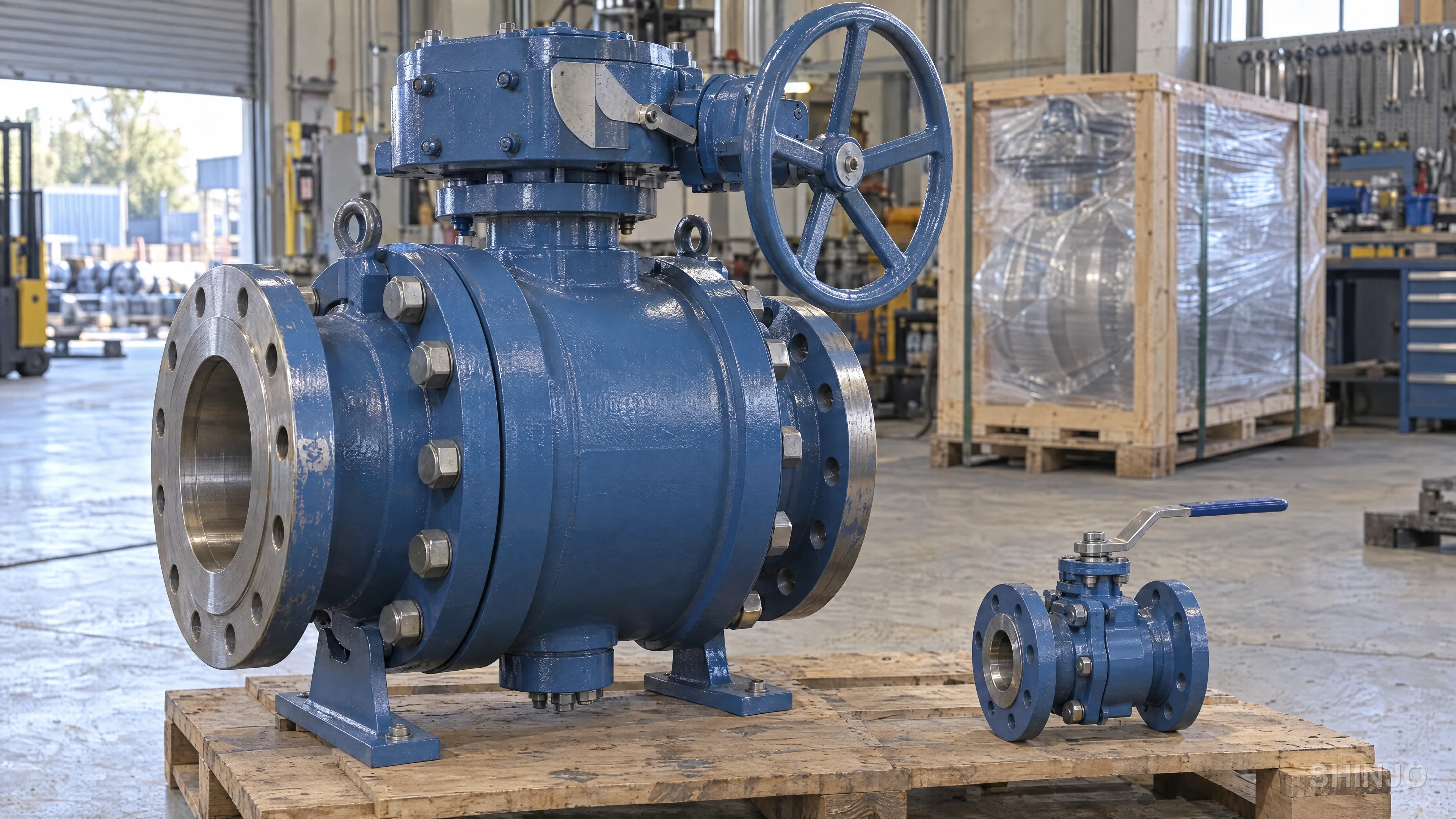 Large trunnion-mounted ball valve with a lower trunnion boss and a bevel gear operator on top, beside a small floating ball valve for scale