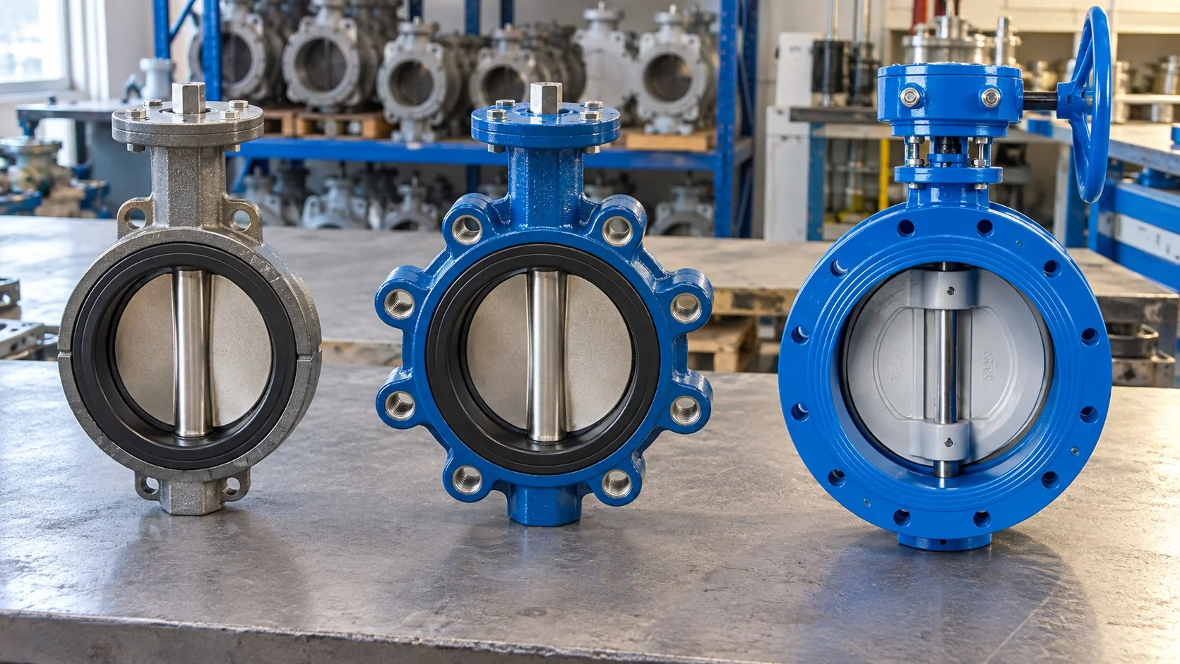 Three butterfly valve bodies compared on a workshop bench: wafer, lug and double-flanged.