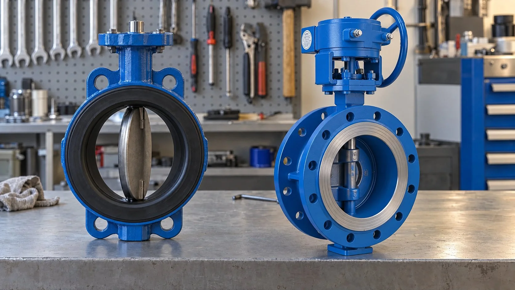 A concentric rubber-lined wafer butterfly valve and a triple-offset flanged butterfly valve side by side on a workshop bench.
