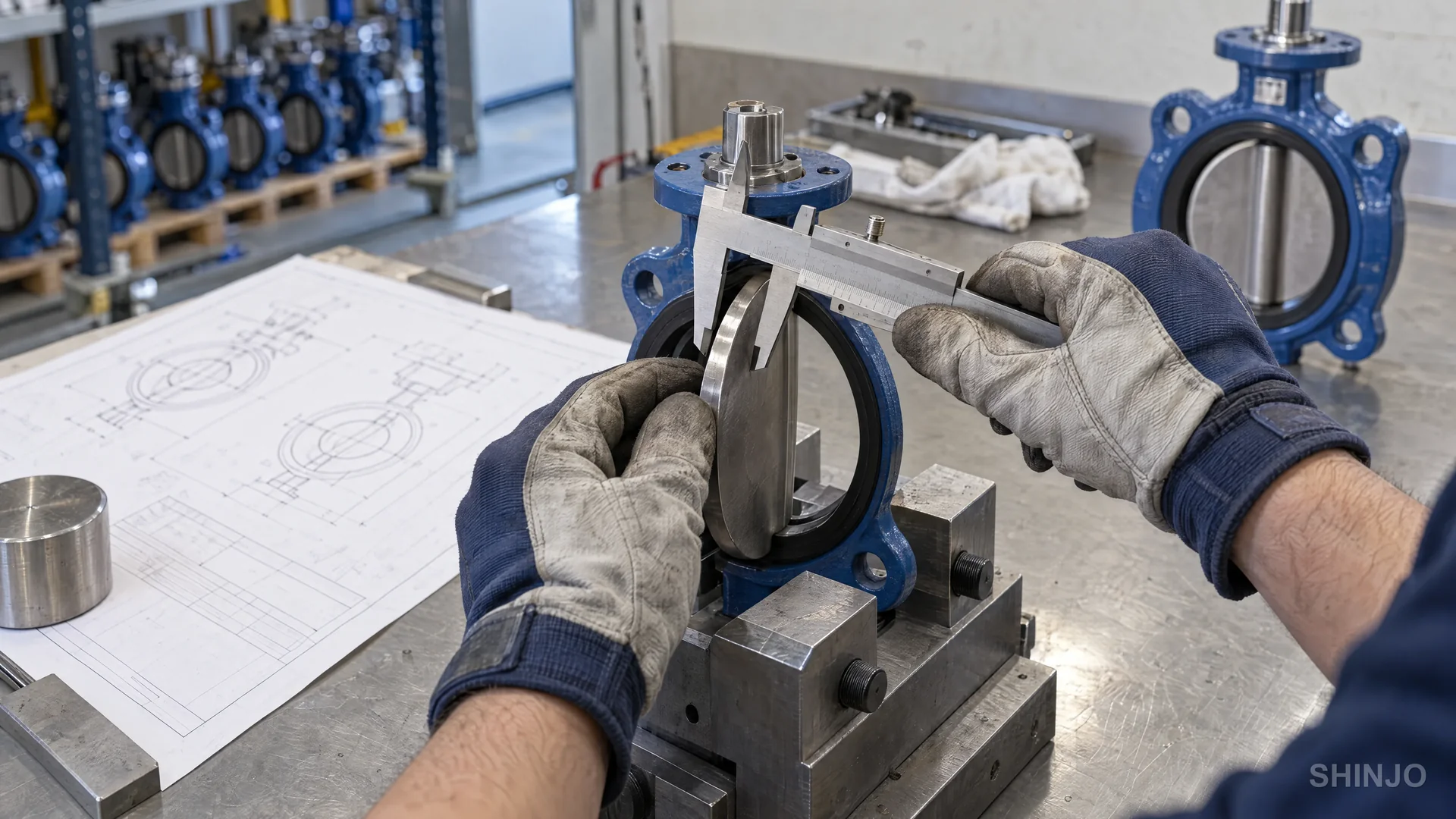 An inspector measuring the edge thickness of a butterfly valve disc with a vernier caliper at factory acceptance inspection.