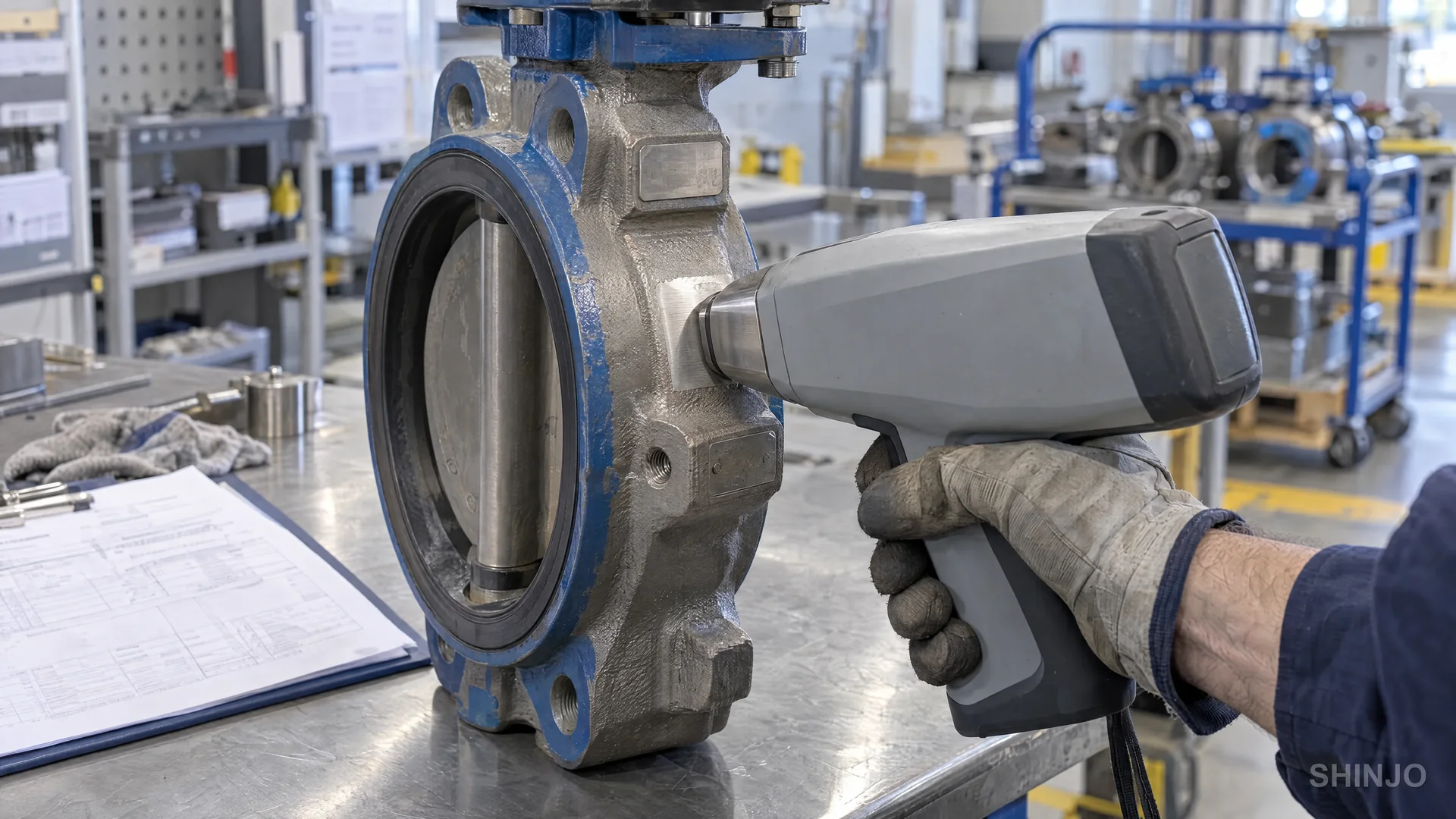 A handheld XRF analyzer held against the cast body of a butterfly valve for positive material identification, beside a clipboard with a material certificate.