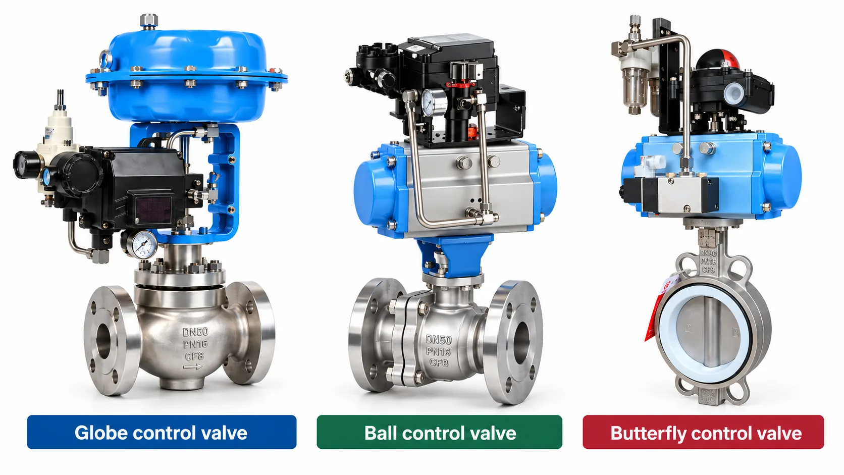 Globe control valve beside ball and butterfly control valves