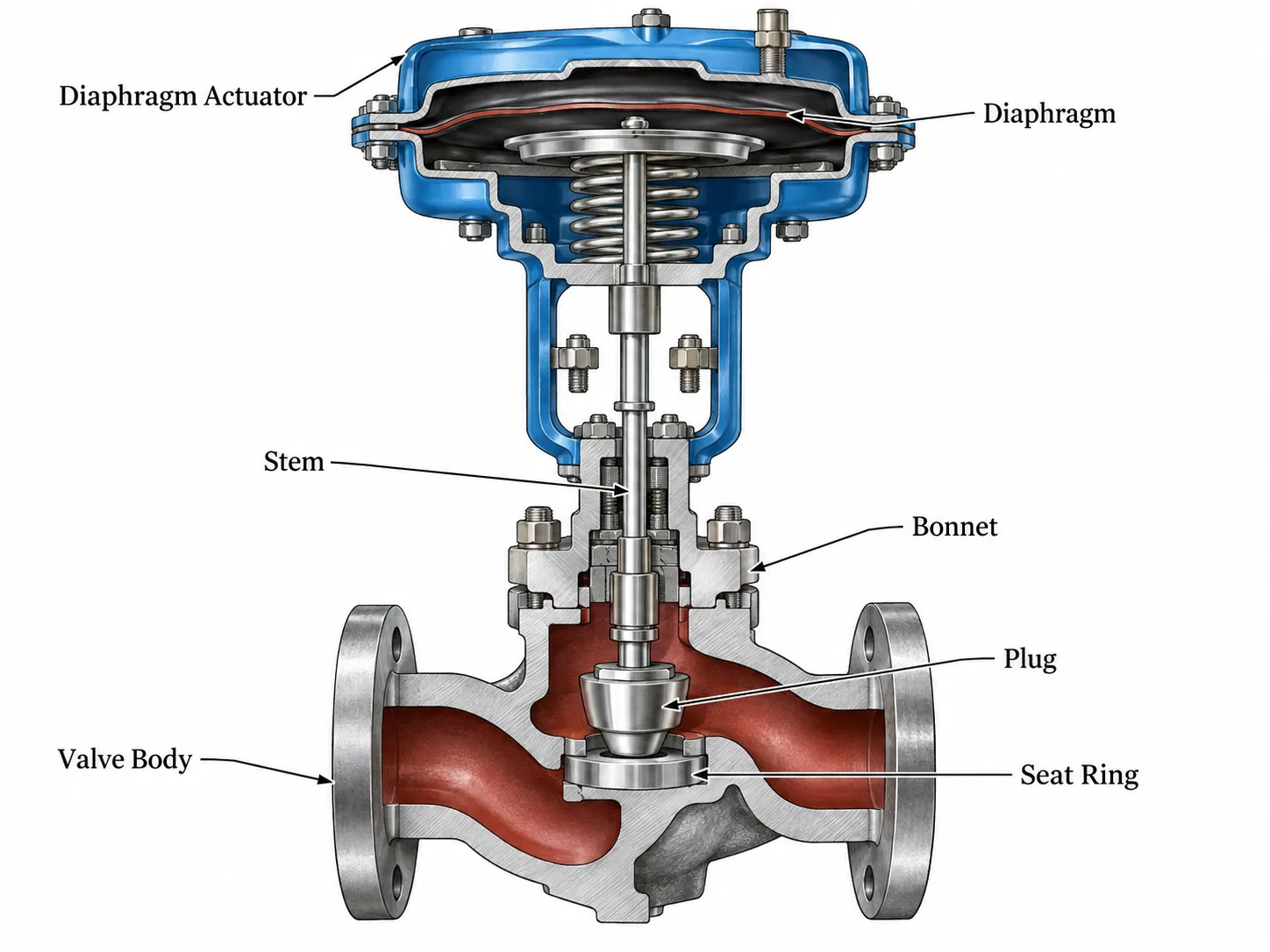 Globe control valve cross-section showing plug, seat ring, bonnet and diaphragm actuator