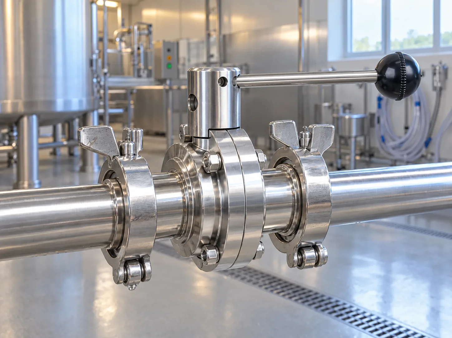 Polished 316L sanitary butterfly valve with tri-clamp ends and a squeeze-trigger handle on polished stainless tubing in a clean processing room