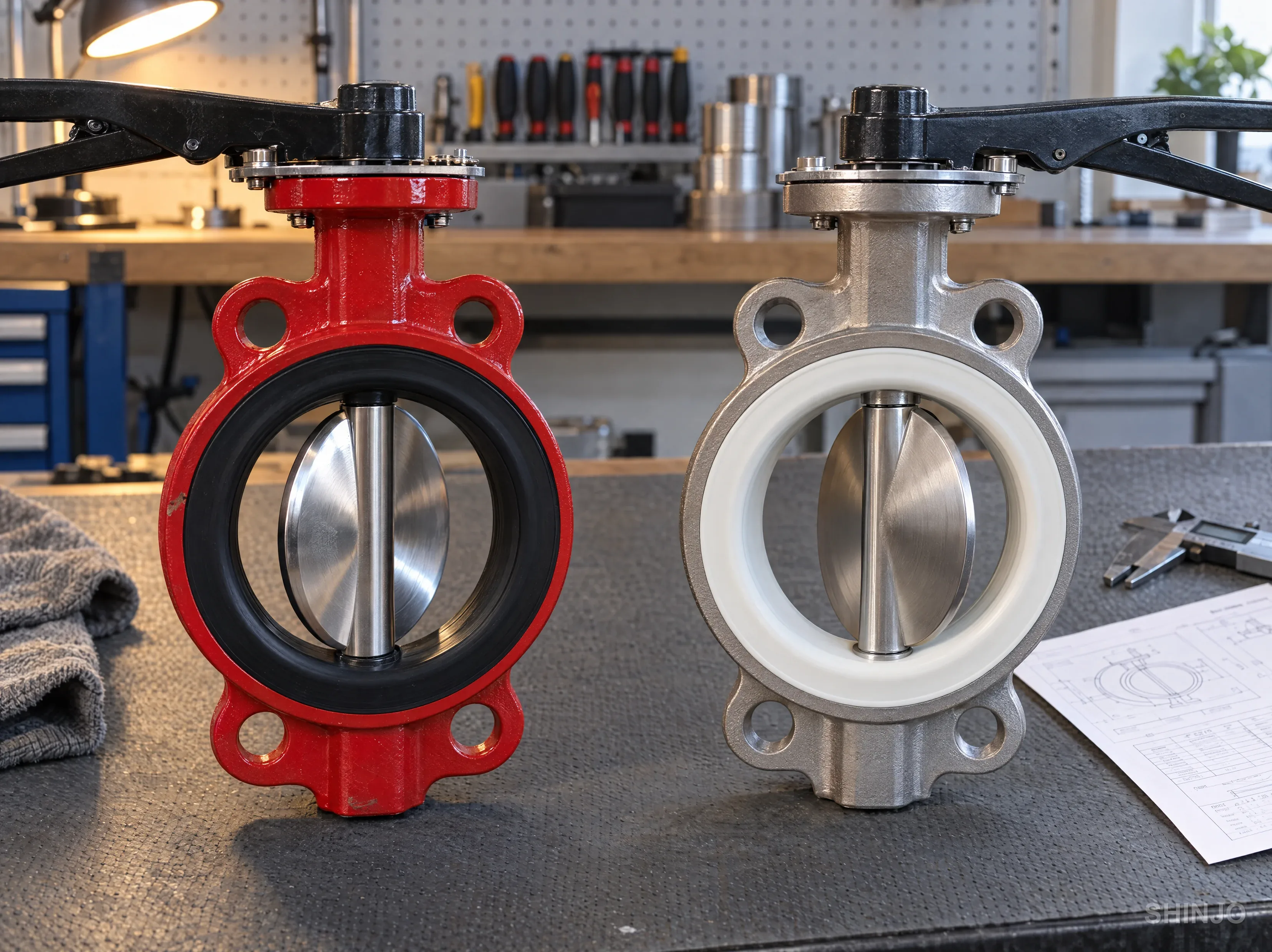 A red epoxy ductile-iron wafer butterfly valve with a stainless disc next to a bare stainless wafer valve on a workshop bench