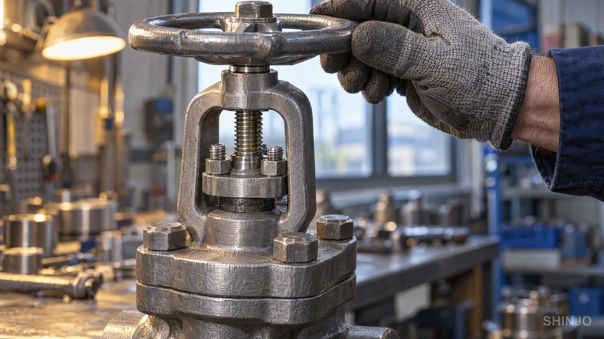 OS&amp;Y bolted bonnet of a small forged gate valve with bonnet bolts, yoke, gland bolts, threaded rising stem and handwheel