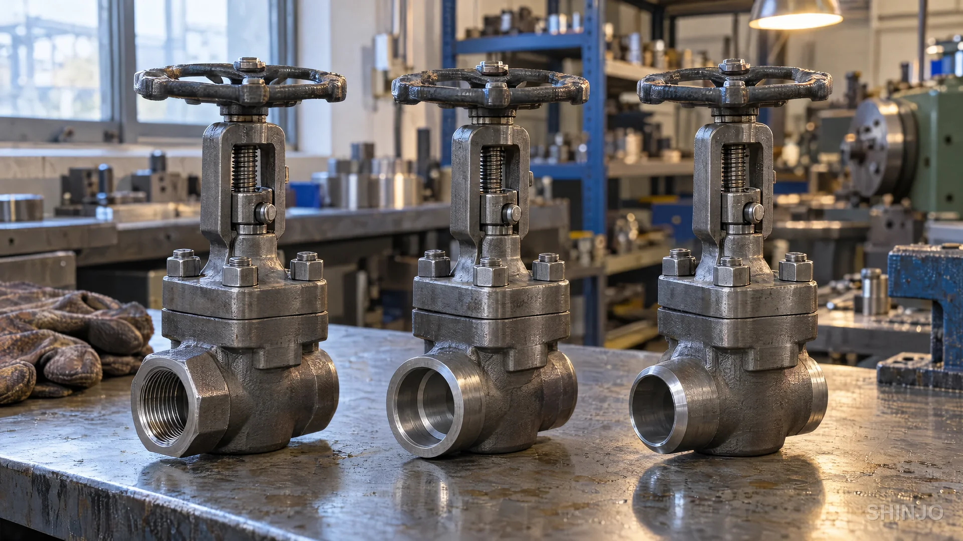Three compact forged gate valves with threaded, socket-weld and beveled butt-weld ends side by side on a workshop bench