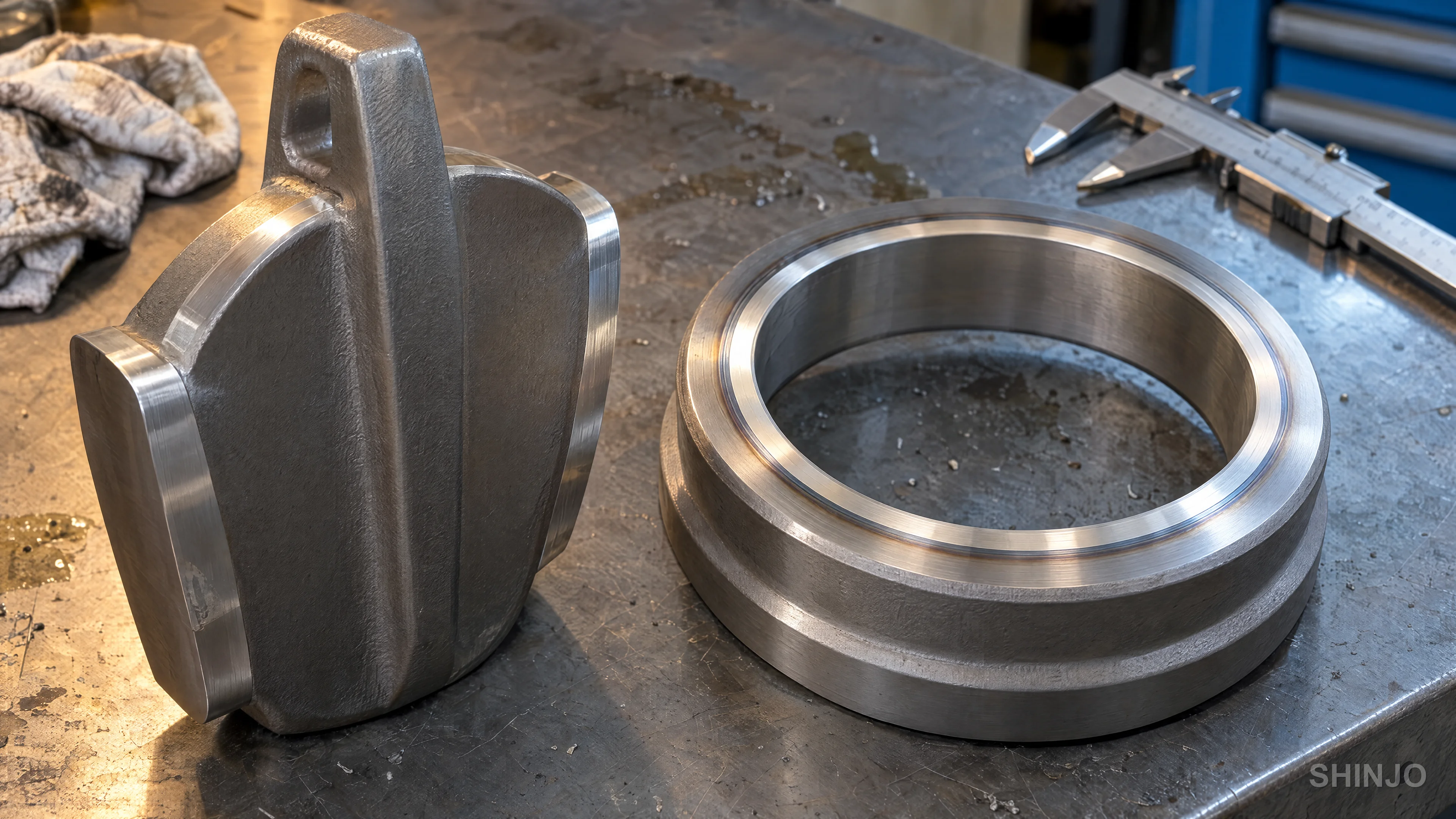 Cast stainless gate valve wedge beside a seat ring whose sealing face carries a narrow band of CoCr hardfacing.