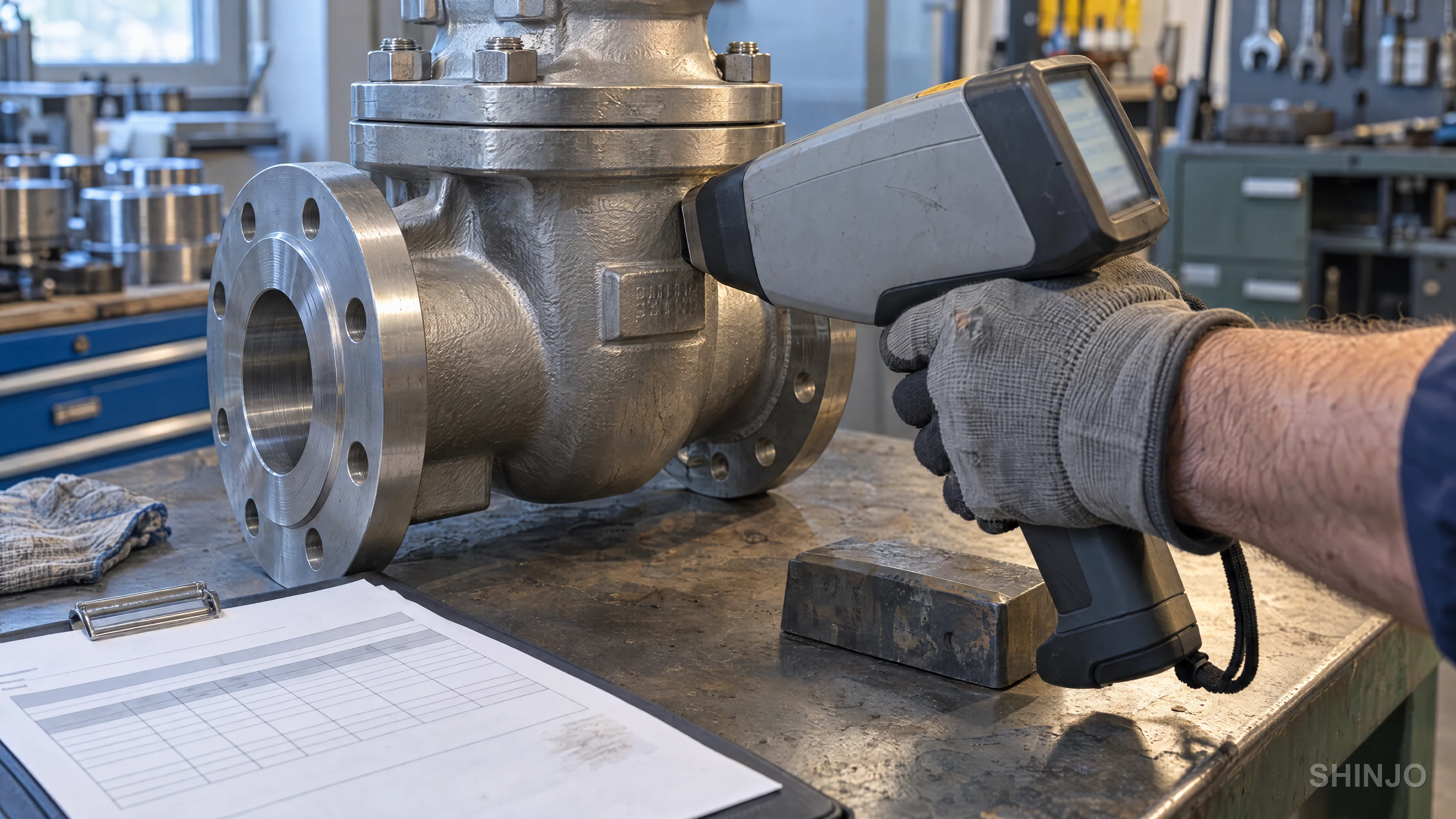 Inspector's gloved hand pressing a handheld XRF alloy analyzer against a cast stainless steel gate valve body on an inspection bench.
