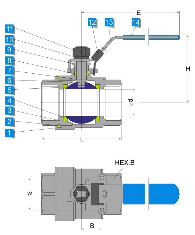 2000 PSI Two-Piece PTFE/RPTFE/PPL Seat Cast Floating Ball Valve Drawing