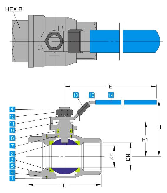 M3 1000 PSI Two-Piece PTFE Seat Cast Floating WOG Ball Valves Drawing
