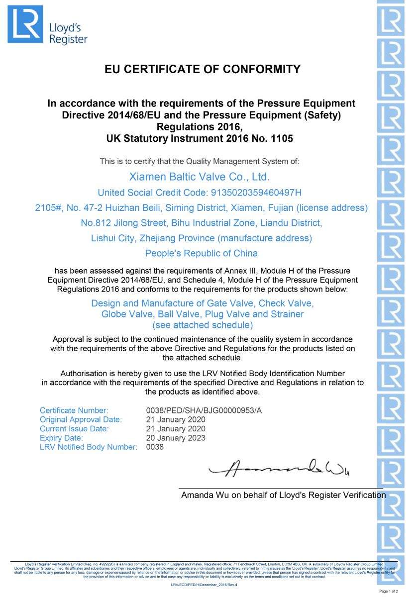 Baltic Valve: EU Certificate of Conformity, PED Certificate by Lloyd's Register