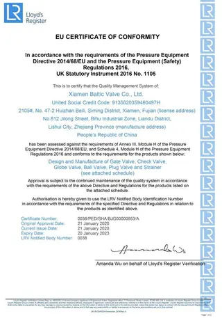 Baltic Valve: EU Certificate of Conformity, PED Certificate by Lloyd's Register