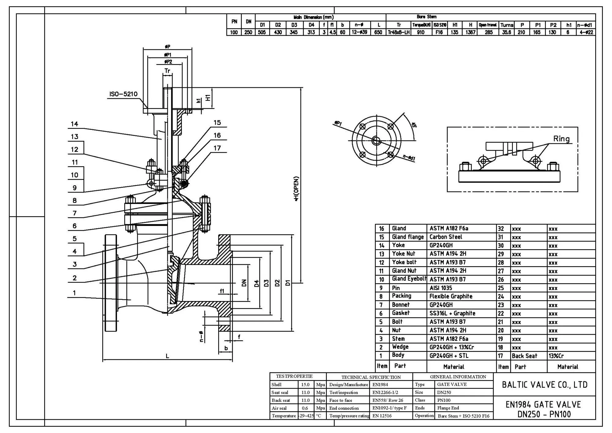 Drawing for DN250, PN100 Gate Valve