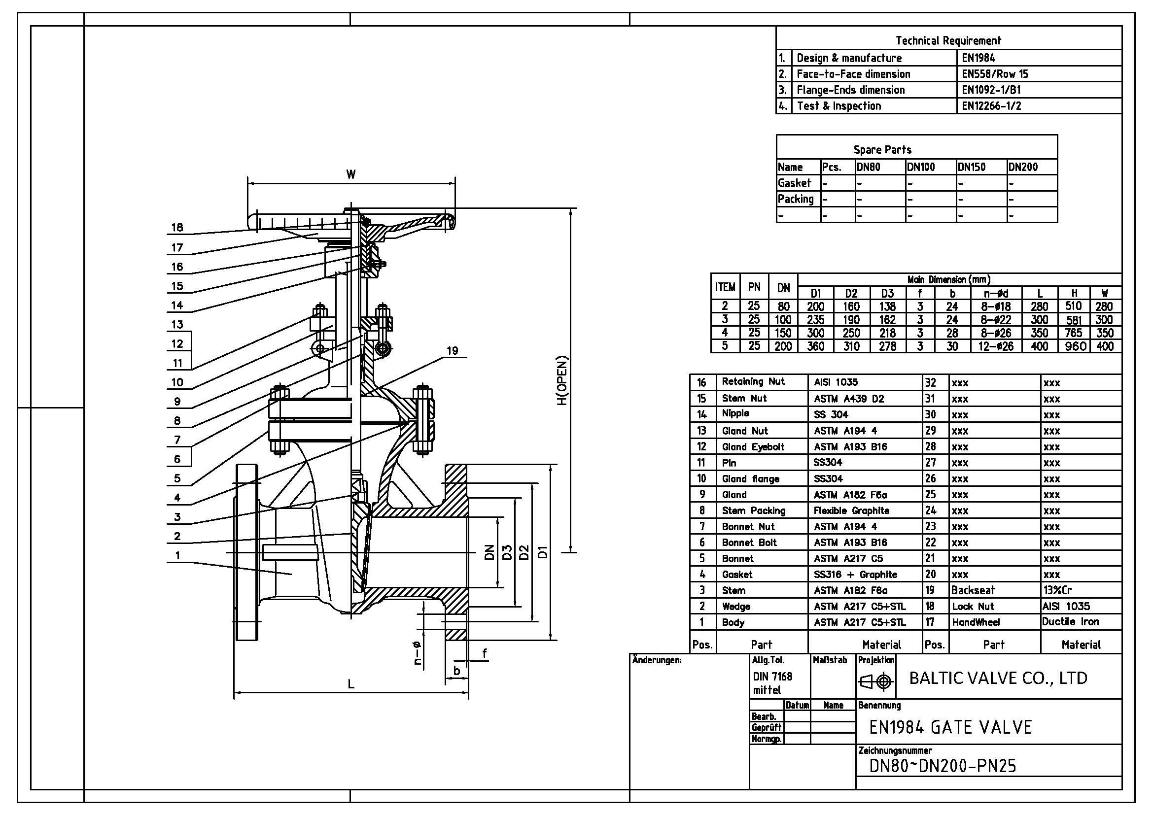Drawing for PN25 DIN Gate Valves