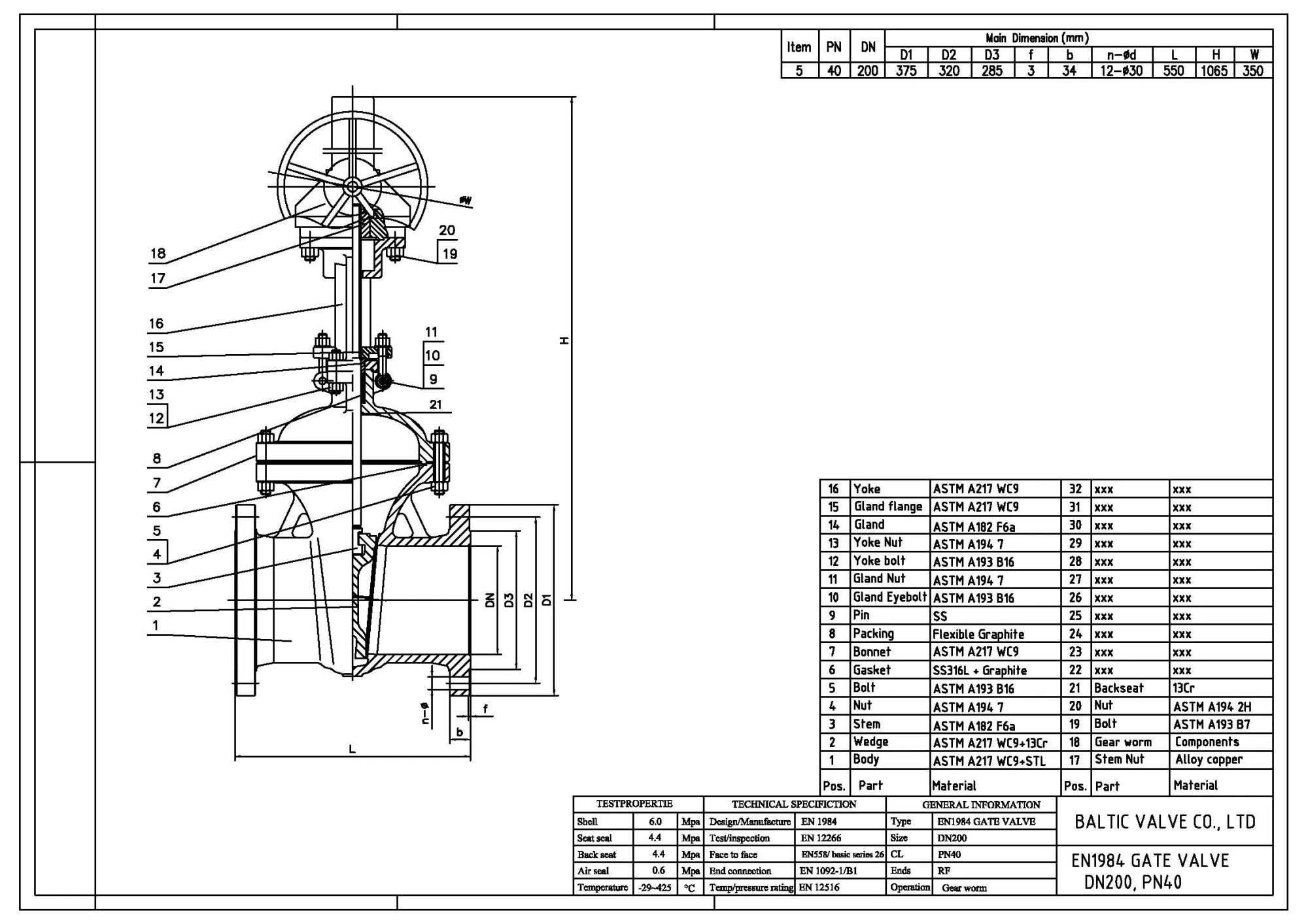 gate valve drawing main dimension