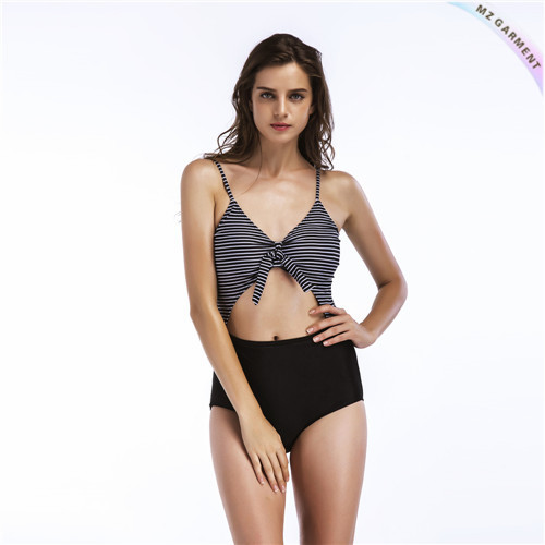 Cut Out Swimsuit, Knot Front, Stripe, One-piece, High Waisted, Black
