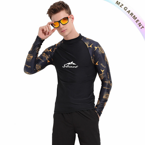 Turtleneck Rash Guard, Long Sleeve, Shark Print, 82% Nylon, Black