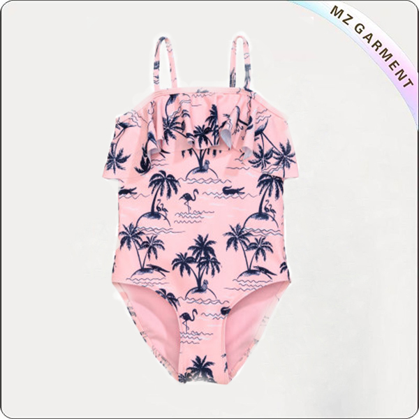 Girls' Light Pink Palms Swimsuit with Ruffle