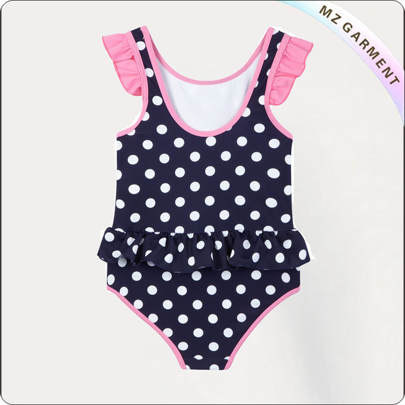 Kids Sea Horse Swimwear, White Dots, Navy and Pink Ruffle - Topper