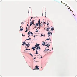 Girls' Light Pink Palms Swimsuit with Ruffle