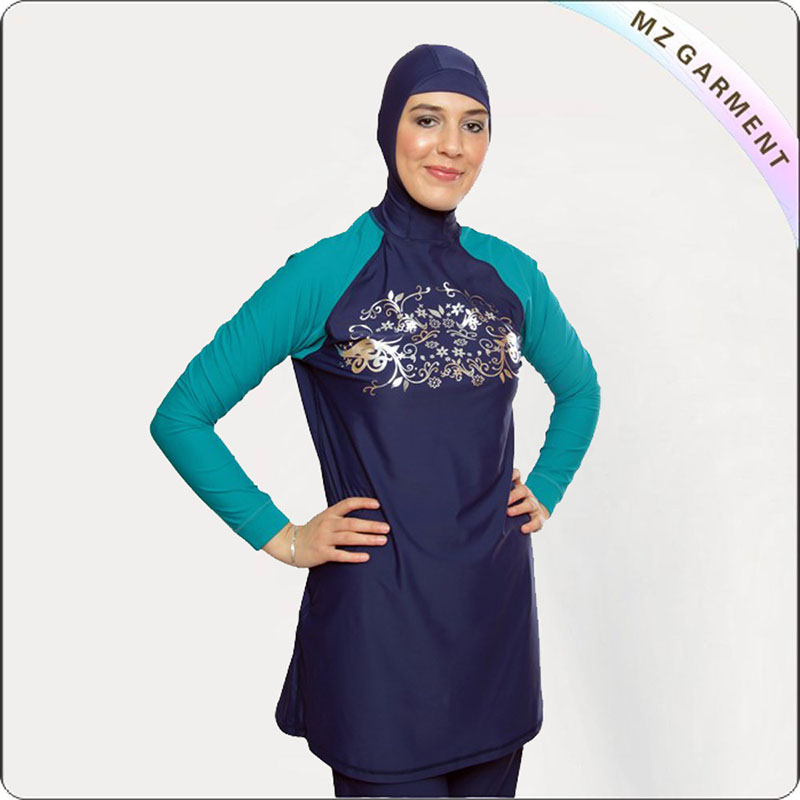 Emerald Sleeve Muslim Swimsuit, Flower Pattern, Fast Drying - Topper