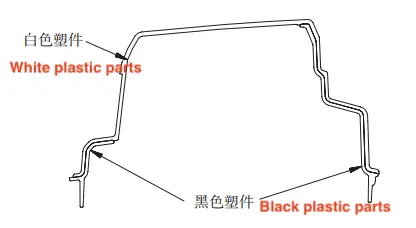 The overlapping section of the white plastic part and the black plastic part of the headlight cover