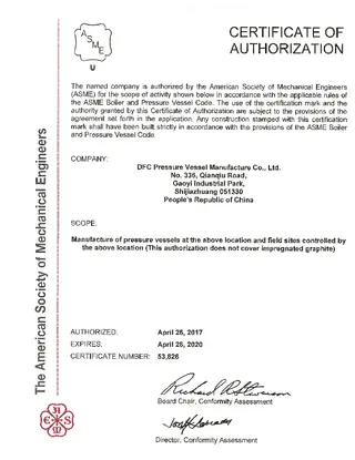 ASME (certificado de autorización con símbolo U)
