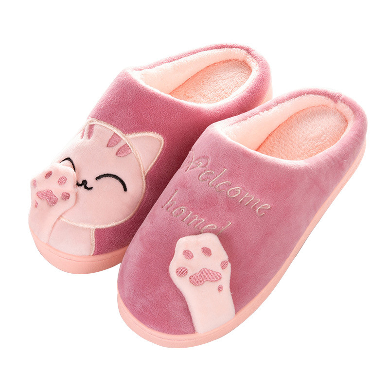 Cat Animal Prints Cute Home Slippers Short Plush Warm Soft Cotton Women Slippers