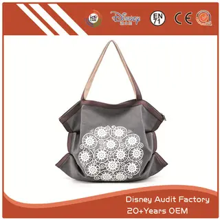 Floral Print Tote Bag, Canvas, Stain-resistant, Ruffle, Zip, Grey