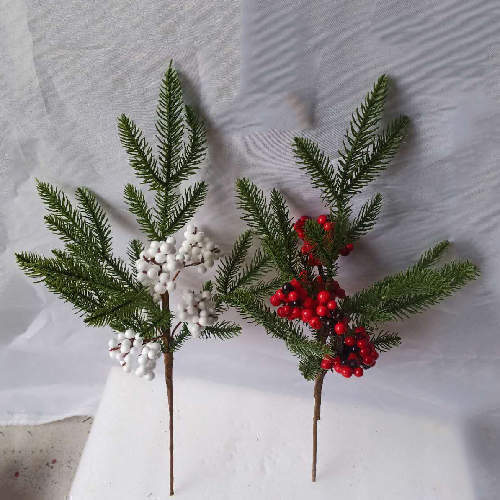 White Red Berry Branches Pine Christmas Decor Artificial Stems Winter Christmas, 52 CM