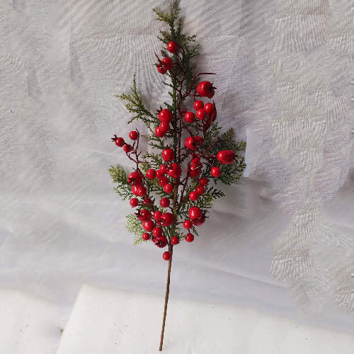 Artificial Red Berry Stems with Green Leaves Holly Christmas Berries, 65 CM