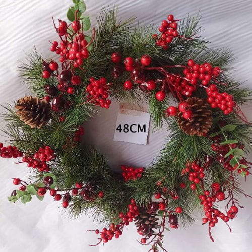 Red Berries Wreath Pinecones Green Pine Leaves, 48 CM
