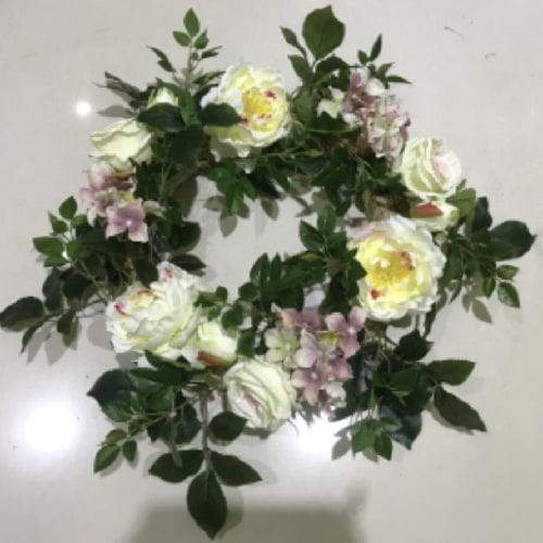 Artificial White Rose French Hydrangea Flower Wreath With Green Leaves, 22 inch