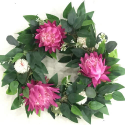 Fake Wreath With Pink White Flowers Green Leaves, 24 inch