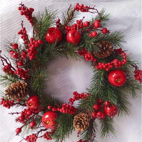 Faux Red Apple Berries Pinecones Pine Wreath Xmas Decor, 50 CM - Sharetrade