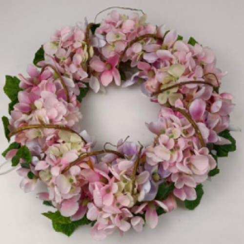 Faux Wreath Of Pink French Hydrangea With Green Leaves, 16 inch