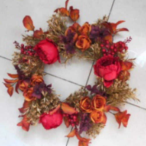 Red Moutan Peony Yellow Maple Flower Faux Wreath, 22 inch