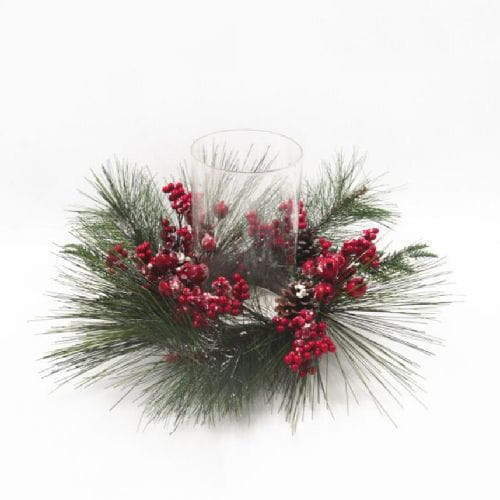 Red Berries Pine Decor with LED Candle