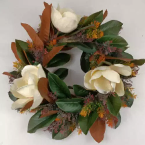 Fake Yulan Magnolia With Leaves Wreath, 24 inch