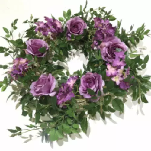 Artificial Wreath Of Purple Rose With Green Leaves, 22 inch
