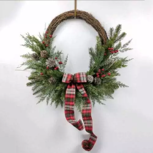 Hanging Decor Pinecones Red Berries With Ribbon