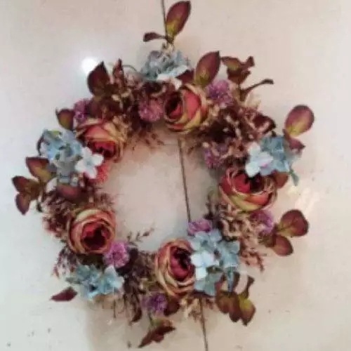 Artificial Rose Maple Autumn Wreath With Blue Flowers, 22 inch