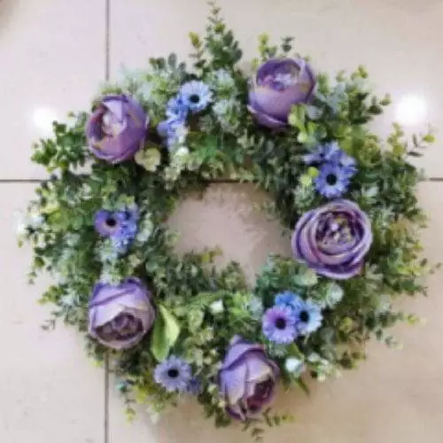 Artificial Purple Blue Rose Chrysanthemum Flowers Wreath Green Leaves, 22 inch