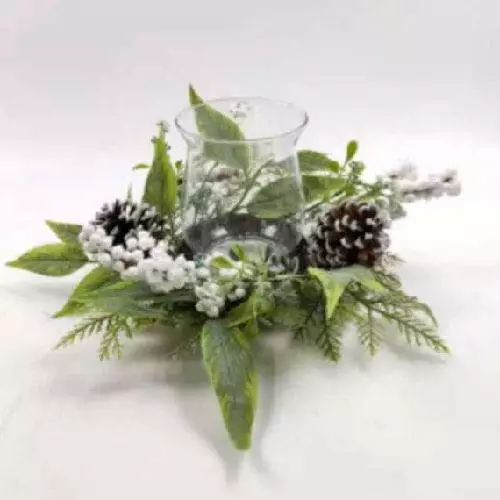 Winter Pinecone White Berries LED Candle Base with Green Leaves