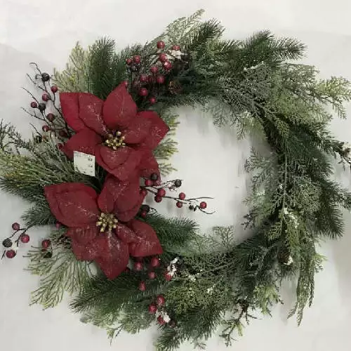 24 inch Christmas Wreath Green Red with Conifers, 24 inch