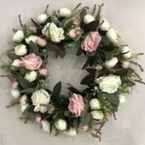 Faux White Pink Flowers Wreath With Leaves, 20 inch